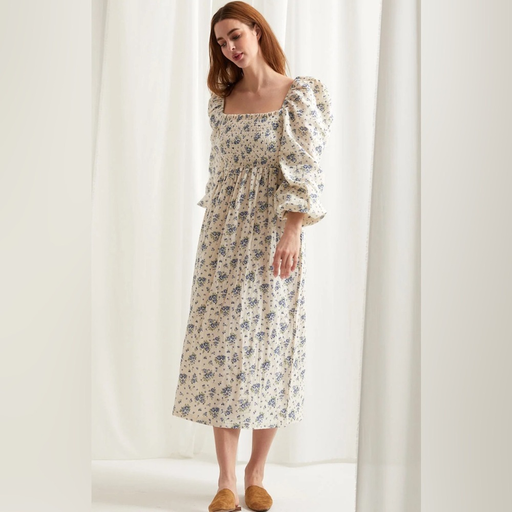 Smocked long sleeve floral print dress